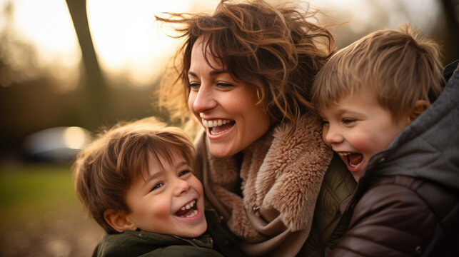 eine lachende Mutter mit ihren zwei Kindern, a laughing mother with her two children
