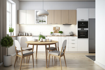 Fototapeta na wymiar Kitchen in the Scandinavian design with white cabinets, hardwood floors, white worktops, and a table and chairs. a side view. Generative AI