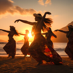 Hawaii Hula dancers on the beach with sunset in the background at a luau.  Generative ai. 