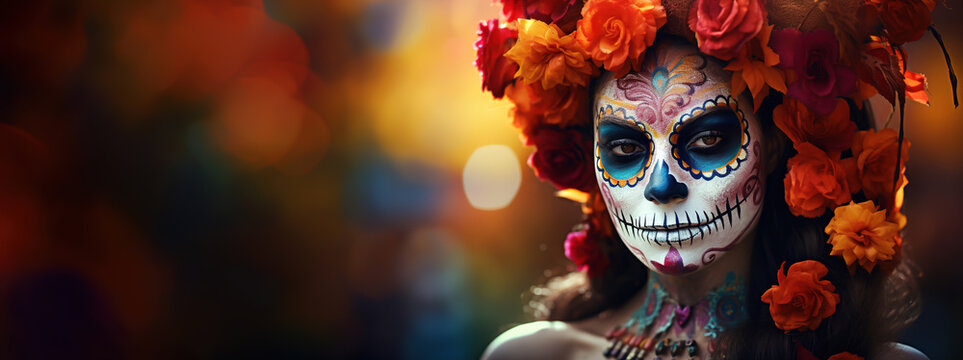 Young woman with makeup and painted face, flowers and skull for the Day of the Dead. Holiday in Mexico