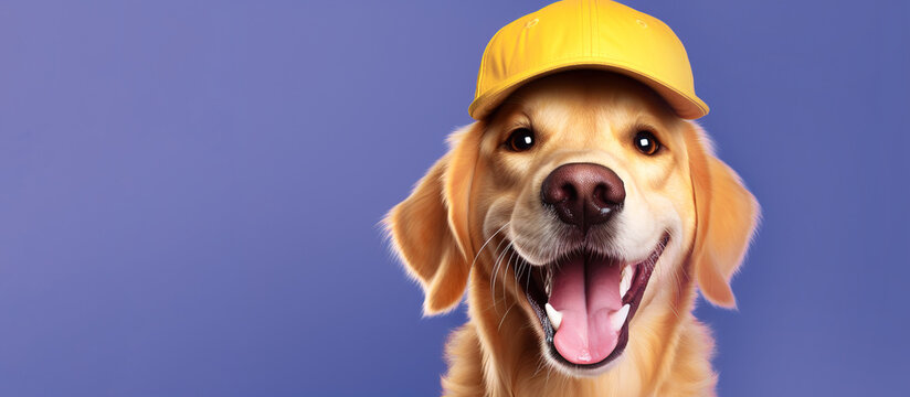 Cheerful dog in a yellow baseball cap on a blue background