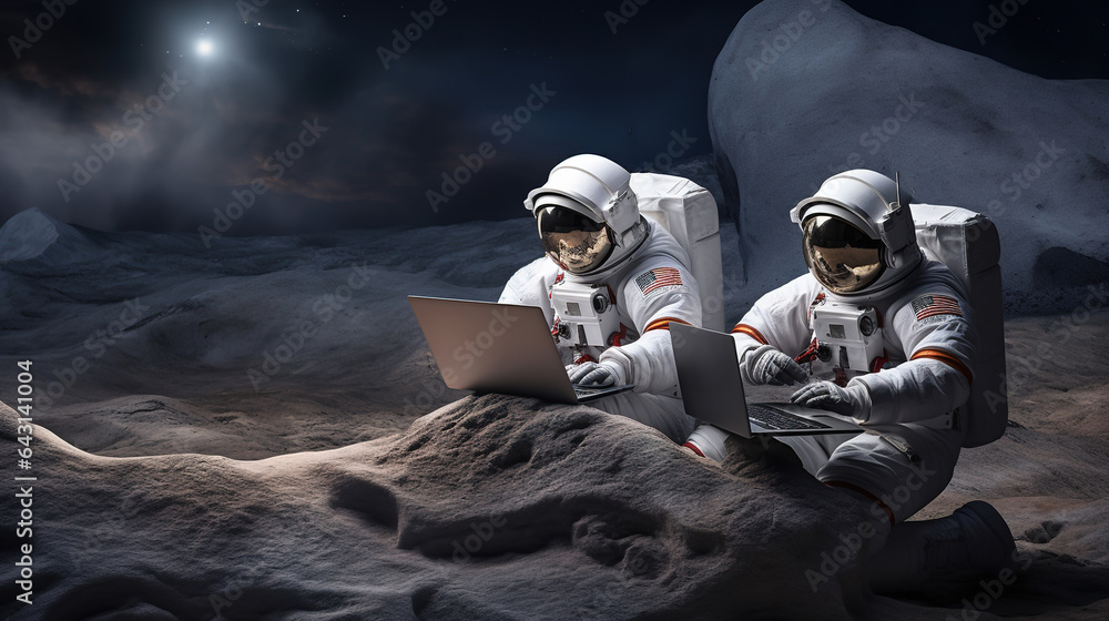Canvas Prints two astronauts work in a laptop on an alien planet
