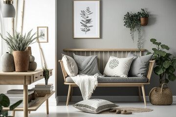 An open Scandinavian environment with a wooden seat, a gray sofa, pillows, a picture frame, macrame, a plant, books, a carpet, decorations, and tasteful personal accessories. Generative AI