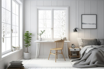 White bedroom interior design in the Scandinavian style with a window view, bed, arm wall mounted light, study table, and chair. Generative AI