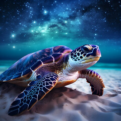 Fototapeta premium Sea Turtle in Hawaii at night with stars and the Milky Way galaxy in the background. Travel and ocean life concept. Generative ai. 