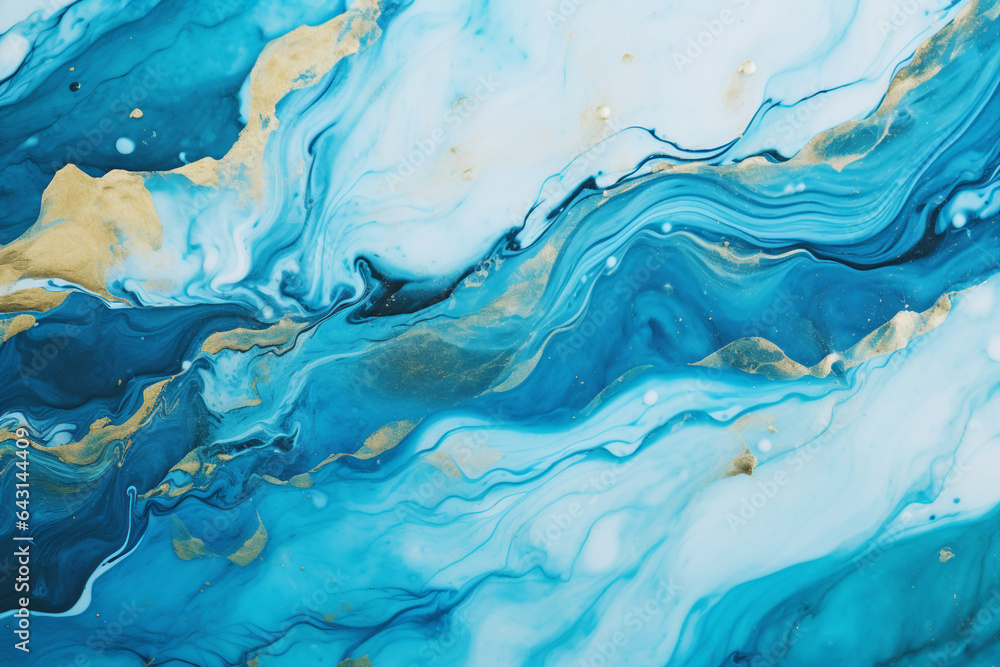 Poster generative ai banner image of soft blue white color marbled texture and golden lines with liquid flu