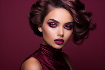 Generative AI portrait of fashion model brunette hair vogue vivid makeup over red maroon backdrop