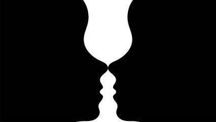 Optical illusion, two black silhouettes of faces in profile and a white silhouette of a goblet. Vector. Gestalt psychology test. Educational games, psychological books, tests, psychology.