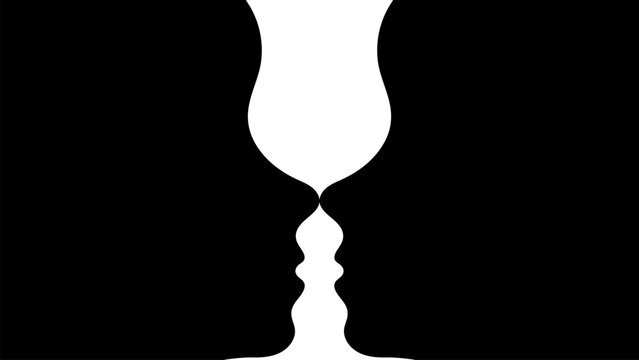 Optical illusion, two black silhouettes of faces in profile and a white silhouette of a goblet. Vector. Gestalt psychology test. Educational games, psychological books, tests, psychology.