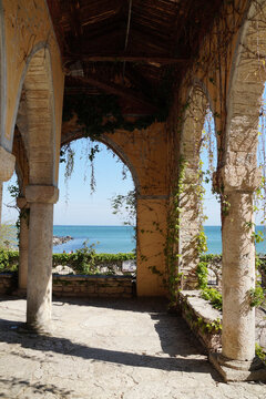 old stone terrace overlooking the sea in the palace of the Romanian Queen Mary in Balchik Bulgaria