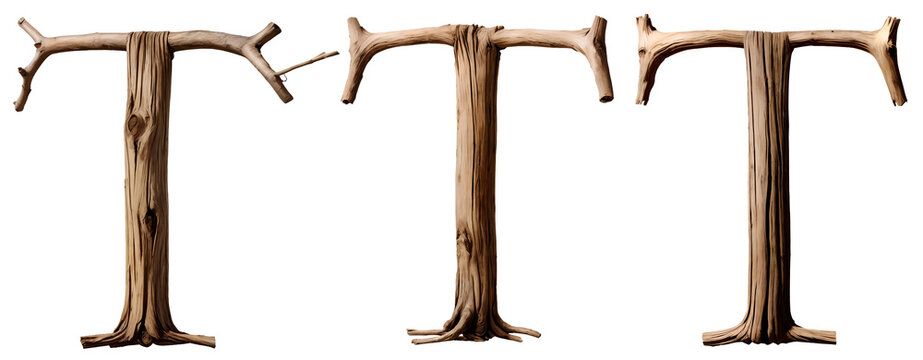 letter T made of old creepy tree branches. for title of horror movie, book, tv show or game. transparent background