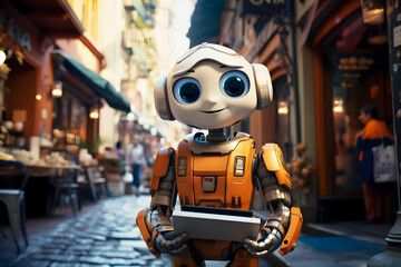 Charming robot android with blue eyes standing on street in city and holding digital tablet in its hand.