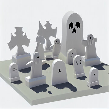 graveyard with ghosts clipart,solid white backgrond, Ai generated image
