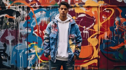 Model showcasing a trendy oversized jacket and ripped jeans, leaning against a graffiti-covered wall.