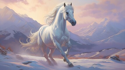 Obraz na płótnie Canvas Pink Sky over the Snowy Mountains with a White Horse in Action. Generative AI