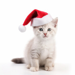 Closeup of cute kitten in red Santa hat isolated on white background 