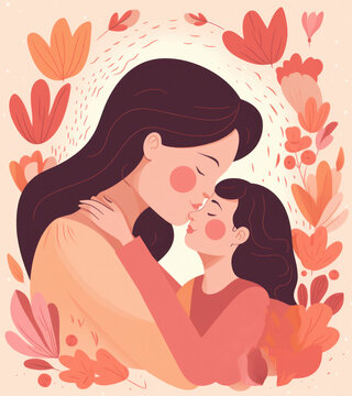 Flat style illustration of mother and daughter embracing with floral border 