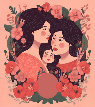 Flat style illustration of mother and young children embracing with floral border 