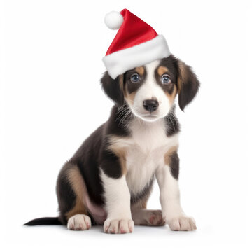Closeup of cute puppy in red Santa hat isolated on white background