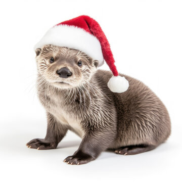 Closeup of otter in red Santa hat isolated on white background 