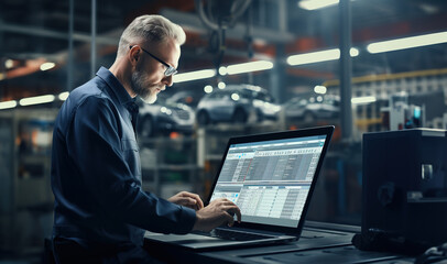 Male car factory engineer in work uniform using laptop at automotive industrial manufacture vehicle production.