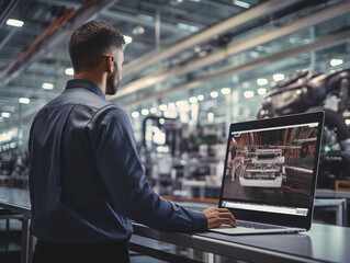 Rear view of male car factory engineer using laptop with motor prototype software at automotive vehicle production facility.