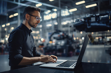 Male car factory engineer using laptop at automotive vehicle production facility.