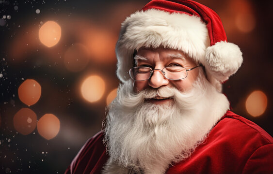 Santa Claus in golden bokeh lighting with copy space 