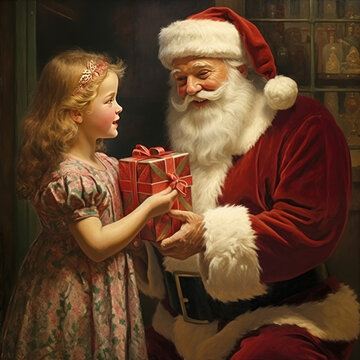 Vintage style painting of Santa Claus giving young girl a Christmas present 