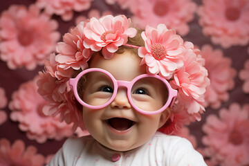 Generative AI photography of cheerful pretty sweet baby girl celebrate first birthday fresh pink flowers theme party - Powered by Adobe