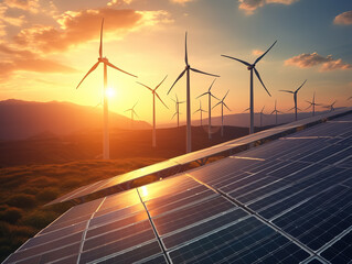Wind turbines and solar panels at sunset. Renewable energy concept.