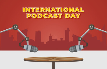 International Podcast Day Vector Illustration on September 30th. Microphone with City Silhouette Background for Social Media and Posters.