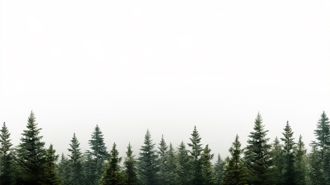 Green Evergreen Fir Pine Spruce Trees Treeline Isolated White Christmas Background.