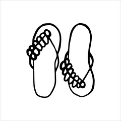 A pair of flip-flops is a hand-drawn sketch. Beach summer women's shoes. Black and white vector illustration.