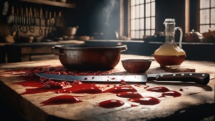 Spine-tingling Halloween horror kitchen scene. Ideal for haunted house promotions, setting a terrifying atmosphere..