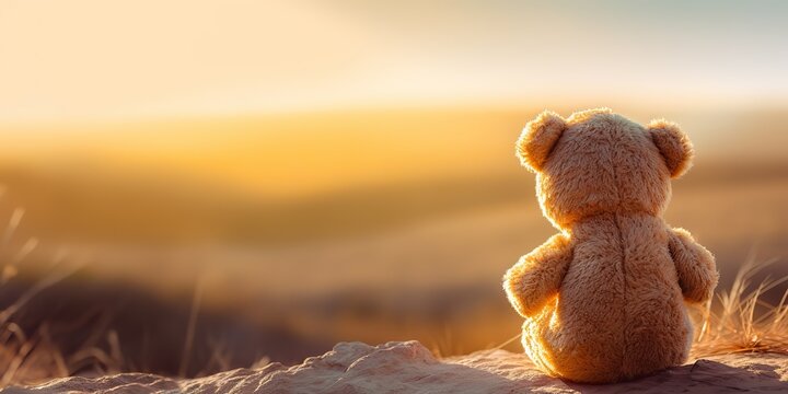 AI Generated. AI Generative. Alone missing one toy doll little bear sitting looking on sunset background landscape outdoor. Romantic relaxing nature vibe