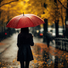 woman is walking in a park with an umbrella under an autumn rain