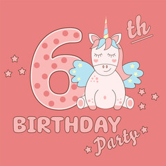 Birthday invitation for 6 year. Happy sixth birthday. Magical baby unicorn horse greeting card. Vector illustration