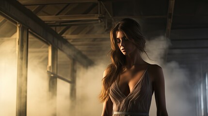 Model enveloped in thick smoke, emphasizing mystery and allure, set in an abandoned warehouse