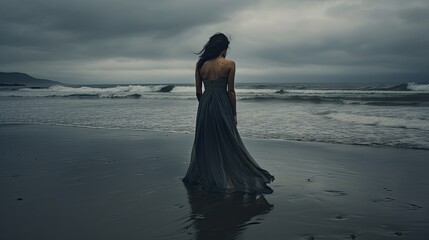 Fototapeta na wymiar Model on a desolate beach, with stormy waves crashing, emphasizing solitude and reflection