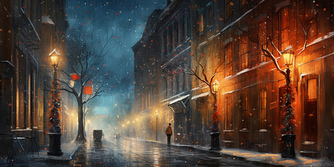 Fototapeta premium Snowstorm at night in a cityscape, high - rise buildings barely visible through the blizzard, streetlights casting a warm glow