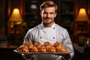 A man is a baker with a tray of croissants