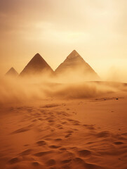Sandstorm sweeping through an ancient Egyptian archaeological site, pyramids in the background, turbulent, brownish - obrazy, fototapety, plakaty