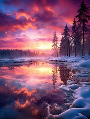 the sun setting over a frozen lake with trees in the fore and snow on the ground at sunset, hd wallpaper