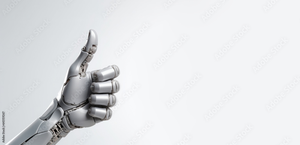 Poster robotic hand shows thumbs up gesture on white background with copy space. communication with artific