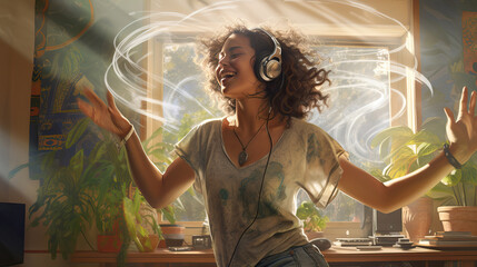 Young African American woman wearing headphones and listening to music, dancing in her home - obrazy, fototapety, plakaty