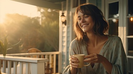 Adult Caucasian woman on her porch, enjoying a cup of coffee on a sunny morning