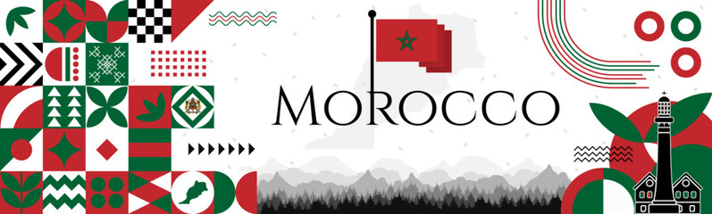 The Morocco Independence Day abstract banner design with flag and map. Flag color theme geometric pattern retro modern Illustration design. Red, green and black color template.