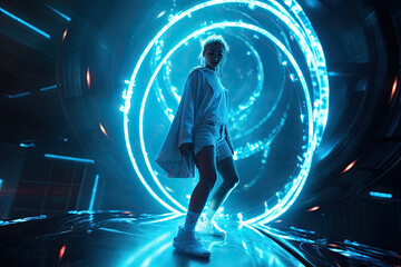 A bright and futuristic person with a white hoodie and a blurred face, walking through a dark tunnel with blue neon lights.