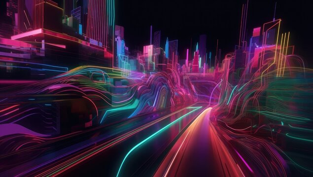 A futuristic city with neon lights and skyscrapers at night.